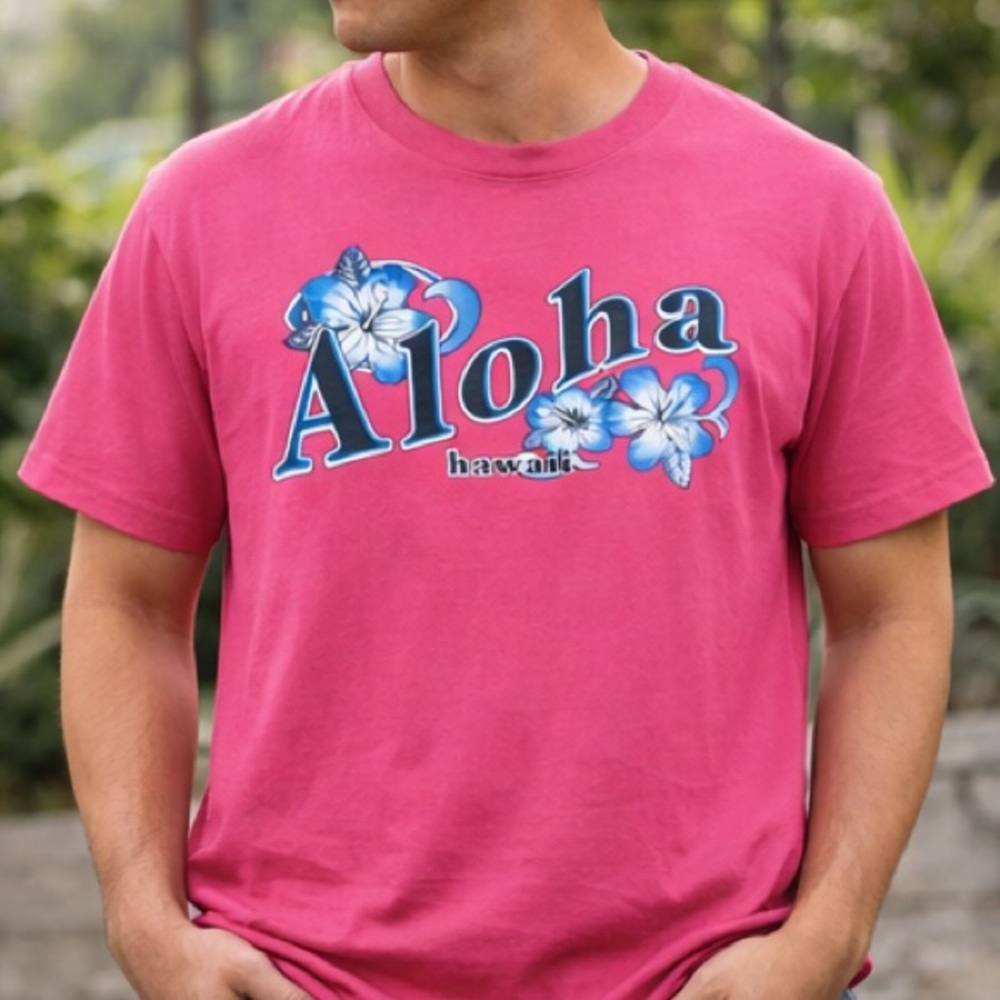 Hanes Aloha Hawaii Pink T-Shirt Women’s Medium Tropical Floral Graphic‎ Tee